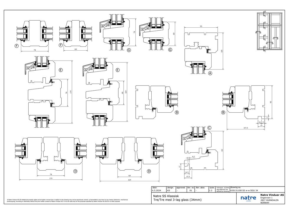 Sidesving Natre Klassisk 3-lag tre/tre 34mm